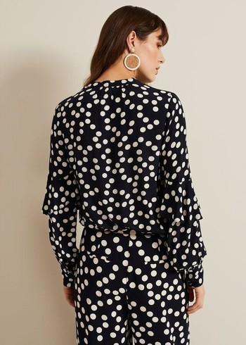 Phase Eight Peyton Polka Dot Frill Shirts Navy USA | 2746905-TV